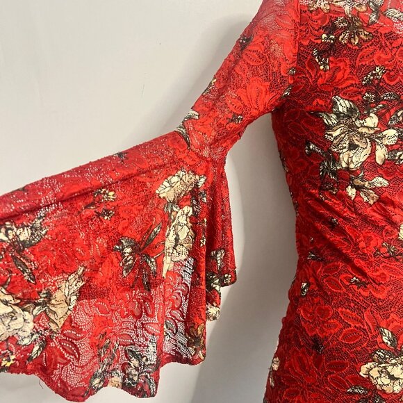 Vfshow Red Floral Lace Bodycon Dress Bell Sleeves Party Prom Dress Size Medium - Picture 6 of 15